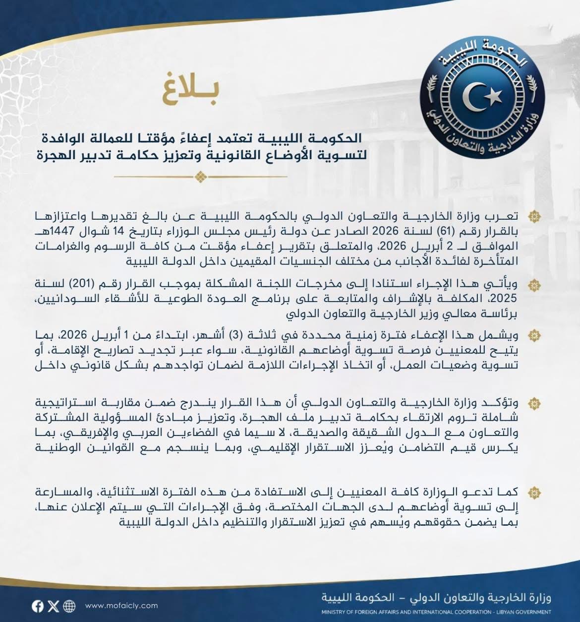 الحكومة الليبية تُقر إعفاءً مؤقتًا للعمالة الوافدة لتسوية أوضاعها القانونية