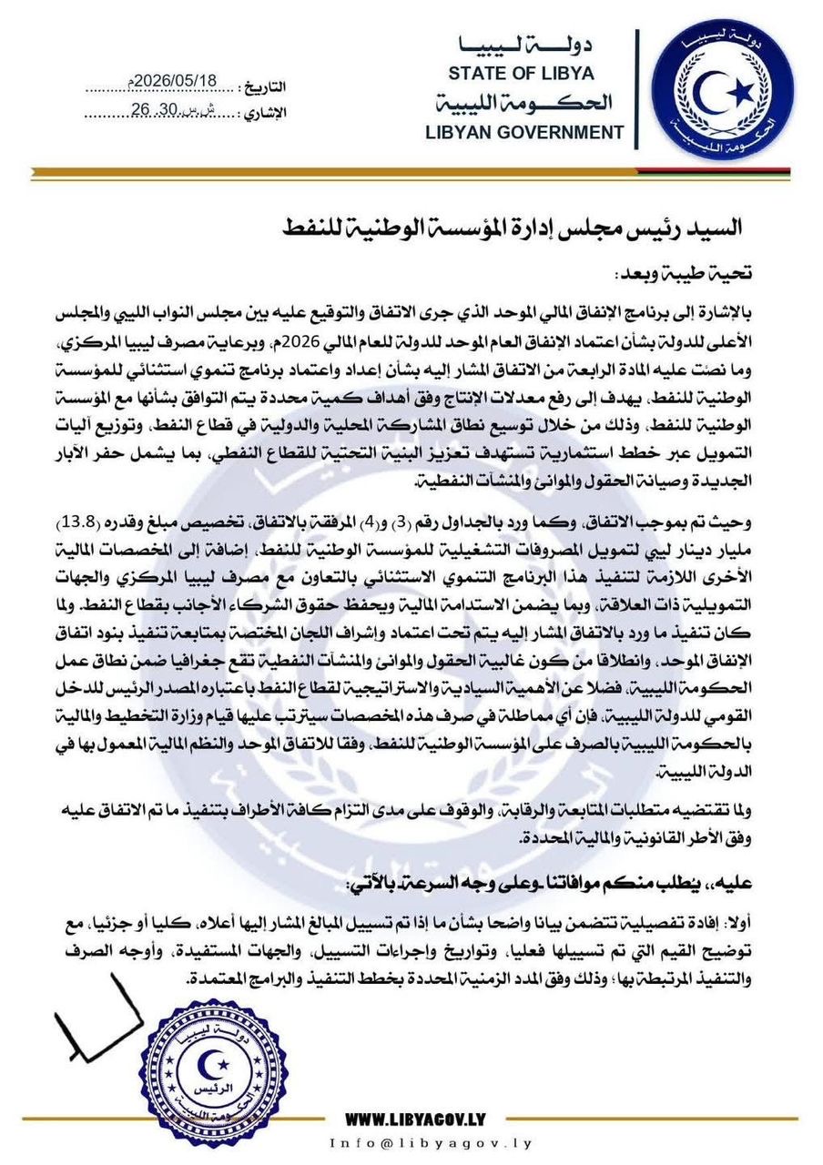 الحكومة الليبية تطالب مؤسسة النفط بكشف عاجل حول مخصصات 2026 وإيرادات الخام