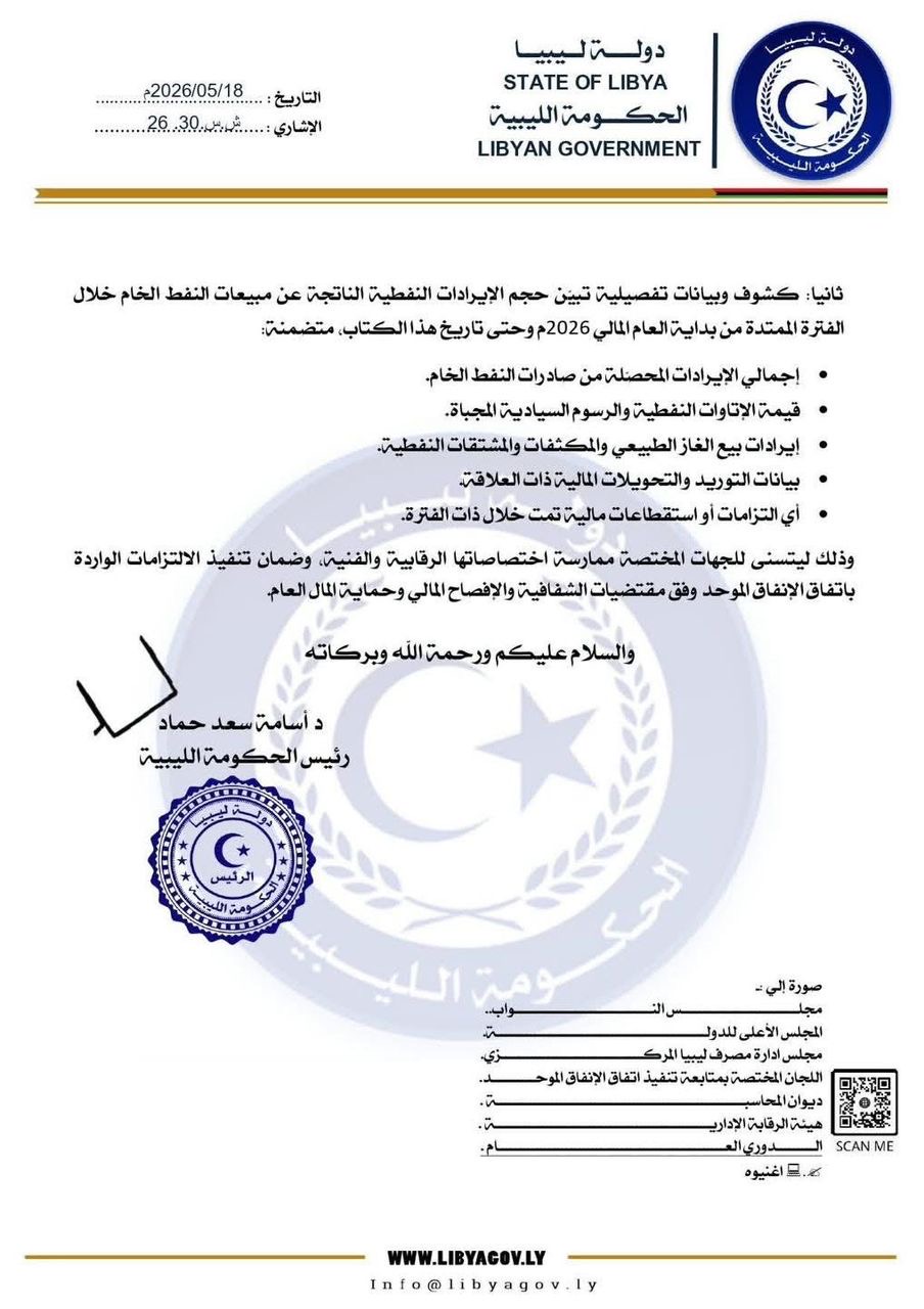 الحكومة الليبية تطالب مؤسسة النفط بكشف عاجل حول مخصصات 2026 وإيرادات الخام