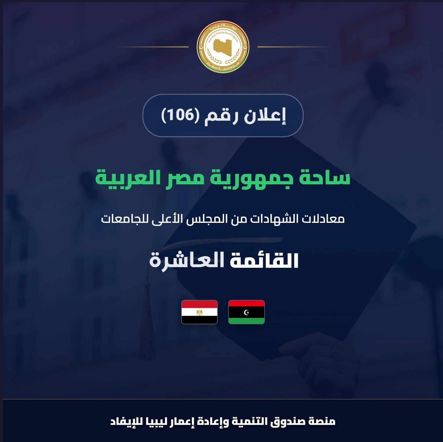 استكمال إجراءات معادلة شهادات أوائل جامعة بنغازي المستهدفين للإيفاد إلى مصر