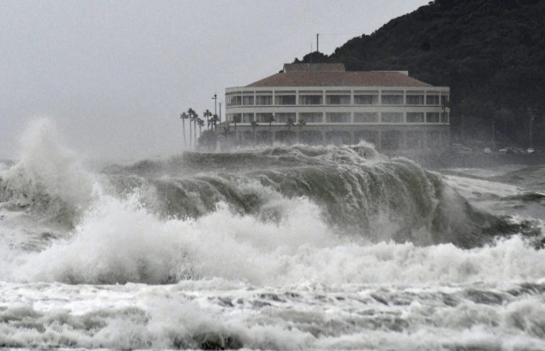 High waves pound a beach in Miyazaki, southwestern Japan as typhoon Krosa approaches