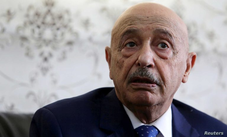 President of the Libyan Council of Deputies Aguila Saleh Issa attends an interview with Reuters inside his home in the Al Qubbah area, east of Benghazi